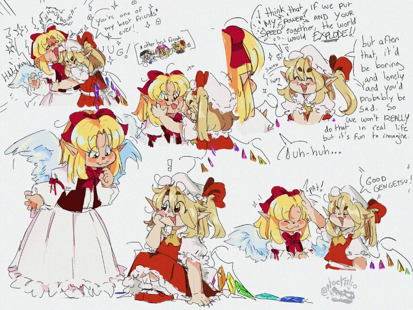 2girls angel_wings ascot bad_source blonde_hair blush bow crystal dress feathered_wings flandre_scarlet gengetsu_(touhou) hair_bow hat highres long_hair long_sleeves maid maid_headdress mob_cap multiple_girls noctiilio open_mouth puffy_short_sleeves puffy_sleeves red_bow red_eyes ribbon shirt short_hair short_sleeves side_ponytail skirt smile touhou touhou_(pc-98) vest white_wings wings yellow_eyes