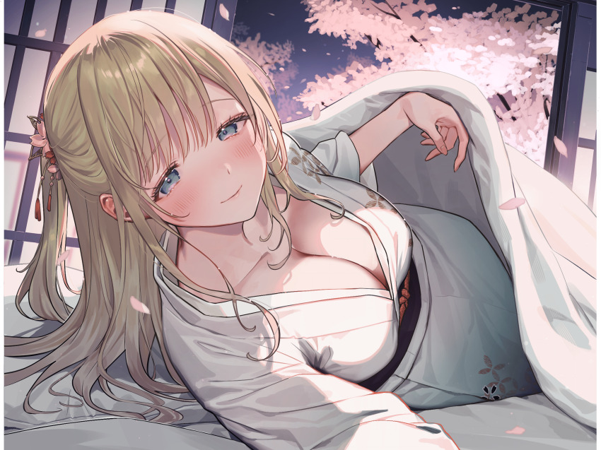 1girl absurdres bed_sheet blanket blush breasts brown_hair cherry_blossoms cleavage collarbone falling_petals futon grey_eyes hair_ornament highres japanese_clothes kimono large_breasts long_hair looking_at_viewer lying natsuhiko night on_side original petals pink_petals shouji sidelocks sliding_doors smile solo under_covers white_kimono yukata