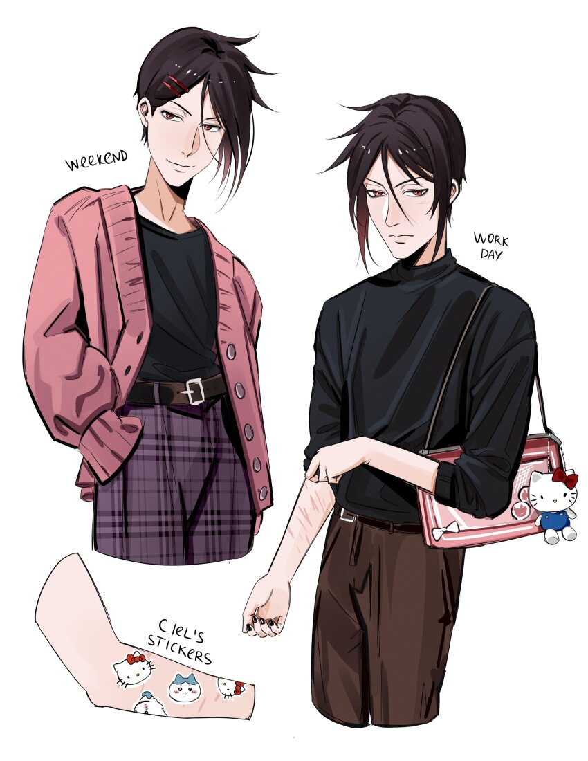 1boy absurdres alternate_costume alternate_universe bag cardigan casual closed_mouth contemporary hair_between_eyes hello_kitty hello_kitty_(character) highres kuroshitsuji long_sleeves male_focus pants red_eyes sanrio sebastian_michaelis self-harm_scar shirt short_hair simple_background smile standing uneasywolf white_background