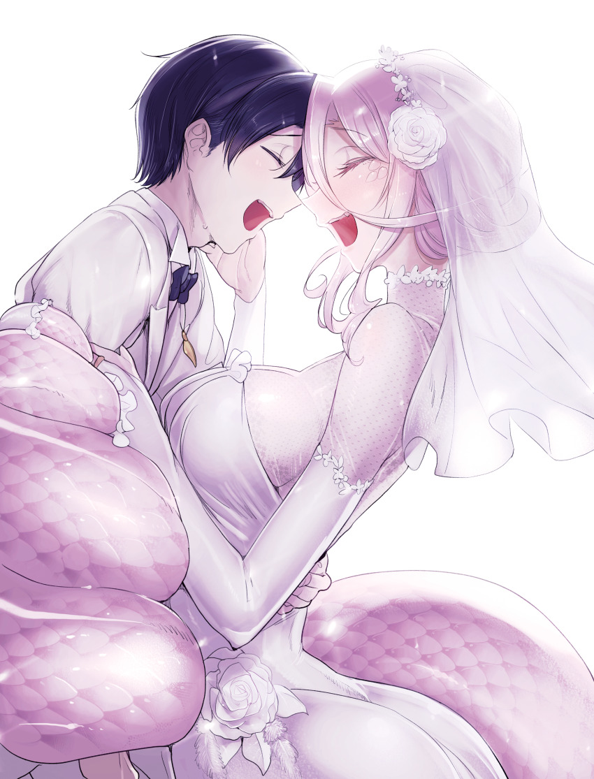 1boy 1girl :d absurdres blue_hair bow bowtie breasts bridal_gauntlets bride dress closed_eyes face-to-face flower formal_clothes from_side glenn_litbeit groom hair_bun hair_flower hair_ornament happy hetero highres hug husband_and_wife jacket jewelry lamia large_breasts monster_girl monster_musume_no_oisha-san necklace open_mouth pink_hair rose saphentite_neikes scales sideways_mouth simple_background single_hair_bun smile suit traditional_bowtie veil wedding_dress white_background white_dress white_flower white_jacket white_rose white_suit wrapped_up z-ton