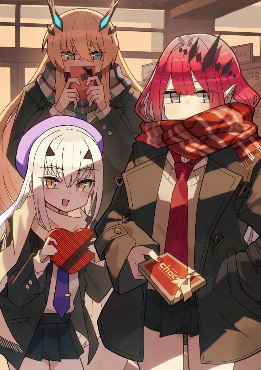 3girls absurdres baobhan_sith_(fate) barghest_(fate) blonde_hair box breasts earrings fate/grand_order fate_(series) forked_eyebrows gift gift_box green_eyes grey_eyes heart-shaped_box highres horns jewelry katsu_(katsupainter) large_breasts long_hair looking_at_viewer melusine_(fate) multiple_girls pink_hair pointy_ears sidelocks small_breasts tiara valentine white_hair yellow_eyes