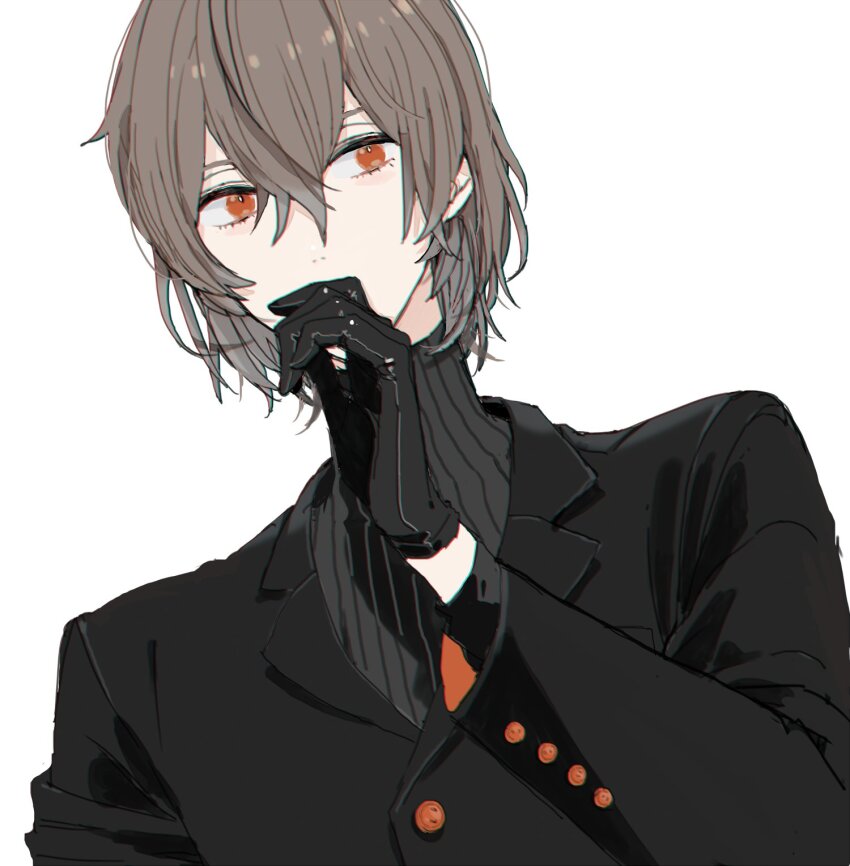 1boy akechi_gorou arm_up black_gloves black_jacket black_shirt brown_hair buttons covering_own_mouth double-parted_bangs gloves hair_between_eyes hand_to_own_mouth highres jacket lapels long_sleeves looking_to_the_side male_focus medium_hair meimei_hituzi notched_lapels persona persona_5 red_eyes shirt sideways_glance simple_background solo suit_jacket turtleneck two-sided_fabric two-sided_jacket upper_body white_background