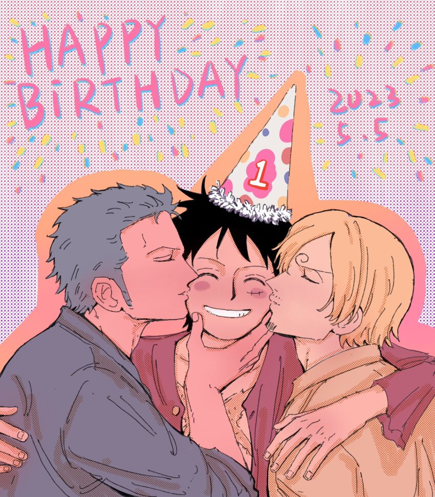 3boys black_hair blonde_hair blush_stickers boy_sandwich cheek_kiss closed_eyes curly_eyebrows double_arm_hug double_cheek_kiss facial_scar green_hair happy_birthday hat highres kiss kissing_cheek male_focus monkey_d._luffy multiple_boys one_piece open_clothes open_shirt party_hat roronoa_zoro sandwiched sanji_(one_piece) scar scar_on_cheek scar_on_chest scar_on_face short_hair sideburns smile upper_body yaoi yongyipeng11