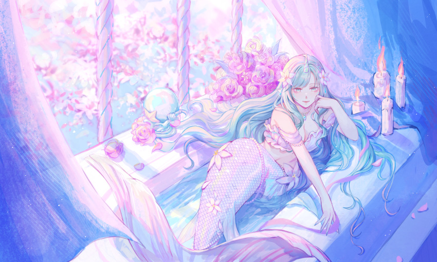 1girl absurdres bath bathing bathtub blue_eyes blue_hair breasts candle candlelight cleavage dress flower hair_flower hair_ornament highres horns liliantsai0417 long_hair medium_breasts mermaid monster_girl nail_polish original purple_tail scales single_horn sitting solo tail tail_flower tail_ornament water white_dress