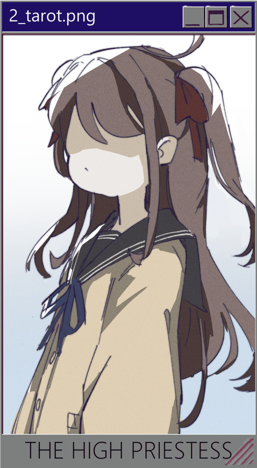 1girl absurdres black_sailor_collar blue_ribbon bow brown_hair card_(medium) cardigan closed_mouth faceless faceless_female highres live2d_inc. long_hair long_sleeves microsoft_windows momose_hiyori neck_ribbon non-web_source pasharuu red_bow ribbon sailor_collar sidelocks solo tarot tarot_(medium) the_high_priestess_(tarot) two_side_up upper_body virtual_youtuber windows_95 windows_classic yellow_cardigan
