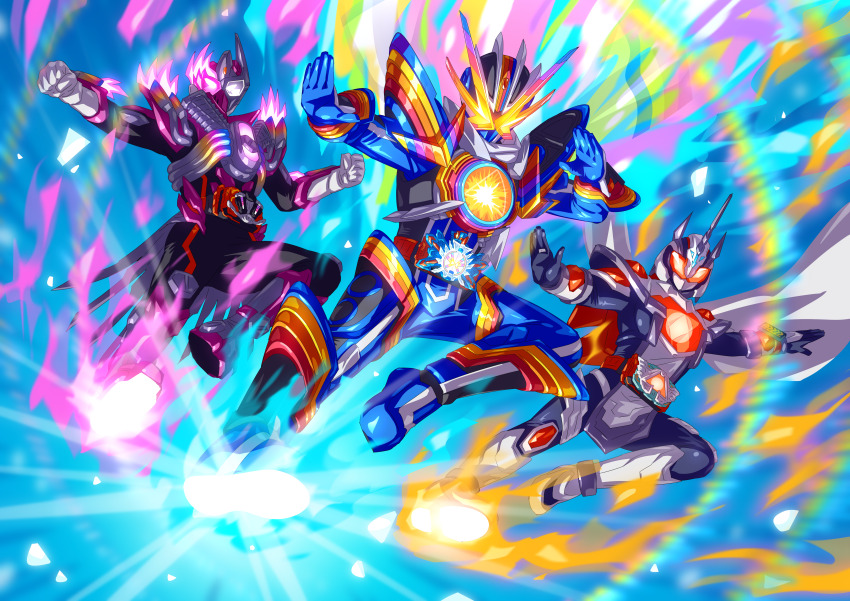 1girl 2boys absurdres alchemisdriver armor armored_boots ass asymmetrical_armor black_bodysuit bodysuit bolt_(hardware) boots commentary compound_eyes contrapposto fiery_background fighting_stance finishing_move fire flaming_weapon foreshortening gloves glowing glowing_eye glowing_eyes glowing_smoke gotcha_driver helmet heterochromia highres holding holding_sword holding_weapon hopper_1 jewelry kamen_rider kamen_rider_gotchard kamen_rider_gotchard_(series) kamen_rider_majade kamen_rider_rainbow_gotchard kamen_rider_valvarad leg_up long_hair multiple_boys open_hands orange_eyes orange_hair otokamu outstretched_arms pants pink_eyes power_armor rainbow rainbow_aura rainbow_background rider_belt rider_kick ring shoulder_spikes smoke solo spikes spread_arms standing steamliner sun sununicorn sword tokusatsu unicorn valvaradriver valvarusher weapon white_armor white_eyes white_gloves