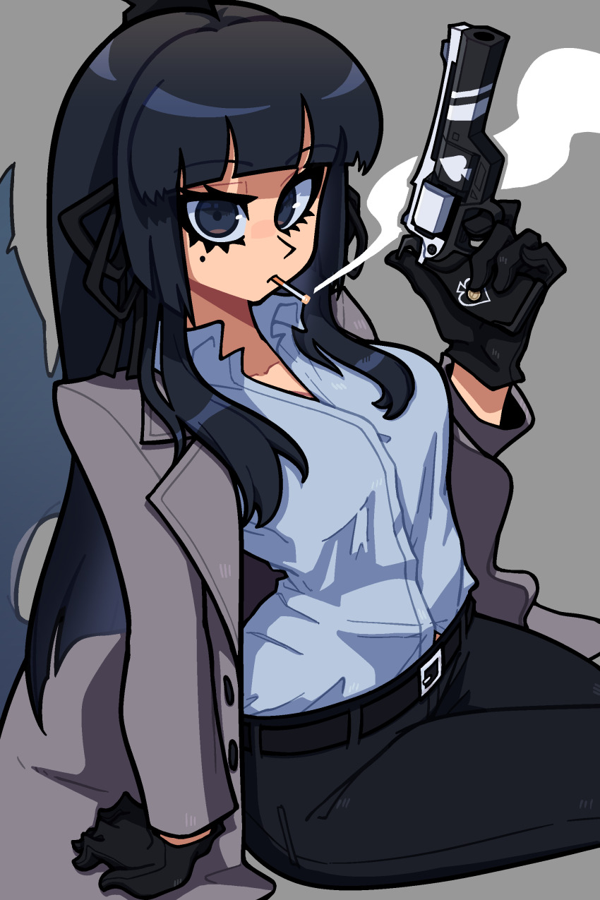 1girl absurdres alternate_costume artemis_of_the_blue atelier_live black_gloves black_pants black_ribbon cigarette coat collared_shirt commentary commission english_commentary fins fish_tail gloves grey_background gun hair_ribbon highres holding holding_gun holding_weapon long_hair muds open_clothes open_coat pants ribbon shark_girl shark_tail shirt simple_background smoke smoke_trail smoking solo spade_(shape) tail trench_coat virtual_youtuber weapon