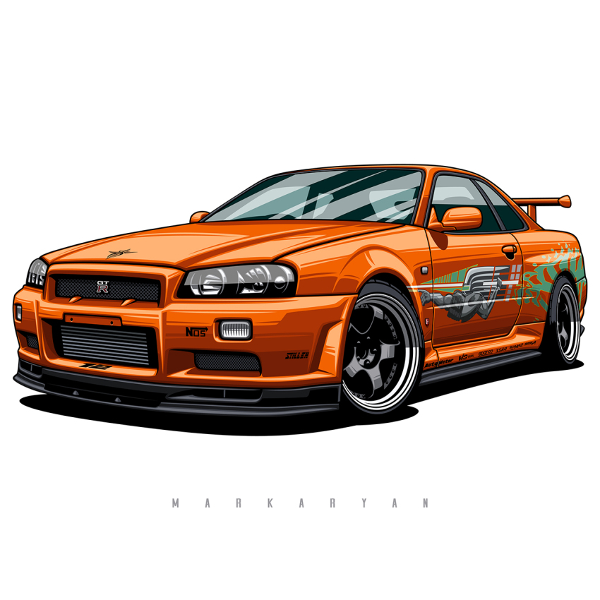 artist_name car fast_&amp;_furious fast_&amp;_furious highres logo markaryan motor_vehicle nissan nissan_skyline nissan_skyline_gt-r nissan_skyline_r34 nitrous_oxide_systems no_humans orange_car shadow spoiler_(automobile) sports_car the_fast_and_the_furious_1 vehicle_focus