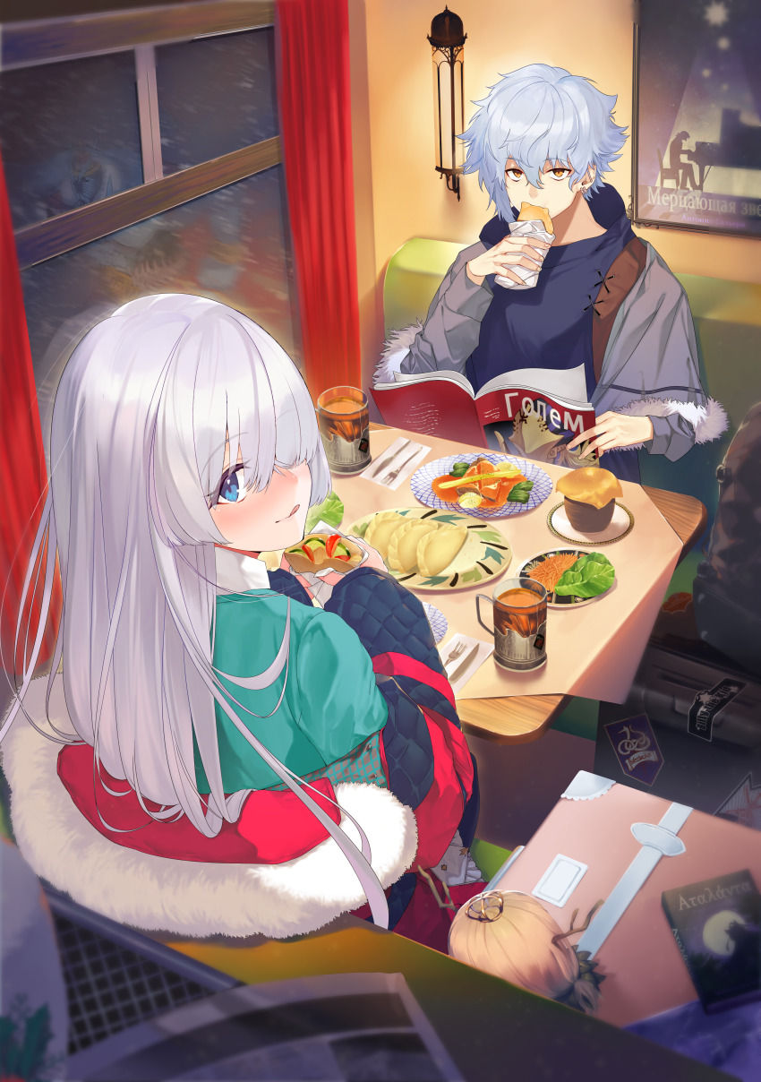 1girl 2boys :q absurdres anastasia_(fate) anastasia_(shvibzik_snow)_(fate) arrow_(tamawo222) avicebron_(fate) blue_eyes blue_jacket blue_shirt blurry blurry_foreground brown_eyes closed_mouth crown cup curtains depth_of_field fate/grand_order fate_(series) food fork fur-trimmed_jacket fur_trim green_shirt grey_jacket hair_over_one_eye highres holding holding_food huge_filesize ivan_the_terrible_(fate) jacket kadoc_zemlupus knife light_brown_hair long_hair long_sleeves looking_at_viewer looking_back mini_crown mug multiple_boys off_shoulder open_clothes open_jacket plate puffy_long_sleeves puffy_sleeves russian_text seat shirt silver_hair sitting sleeves_past_wrists smile snowing table tongue tongue_out window