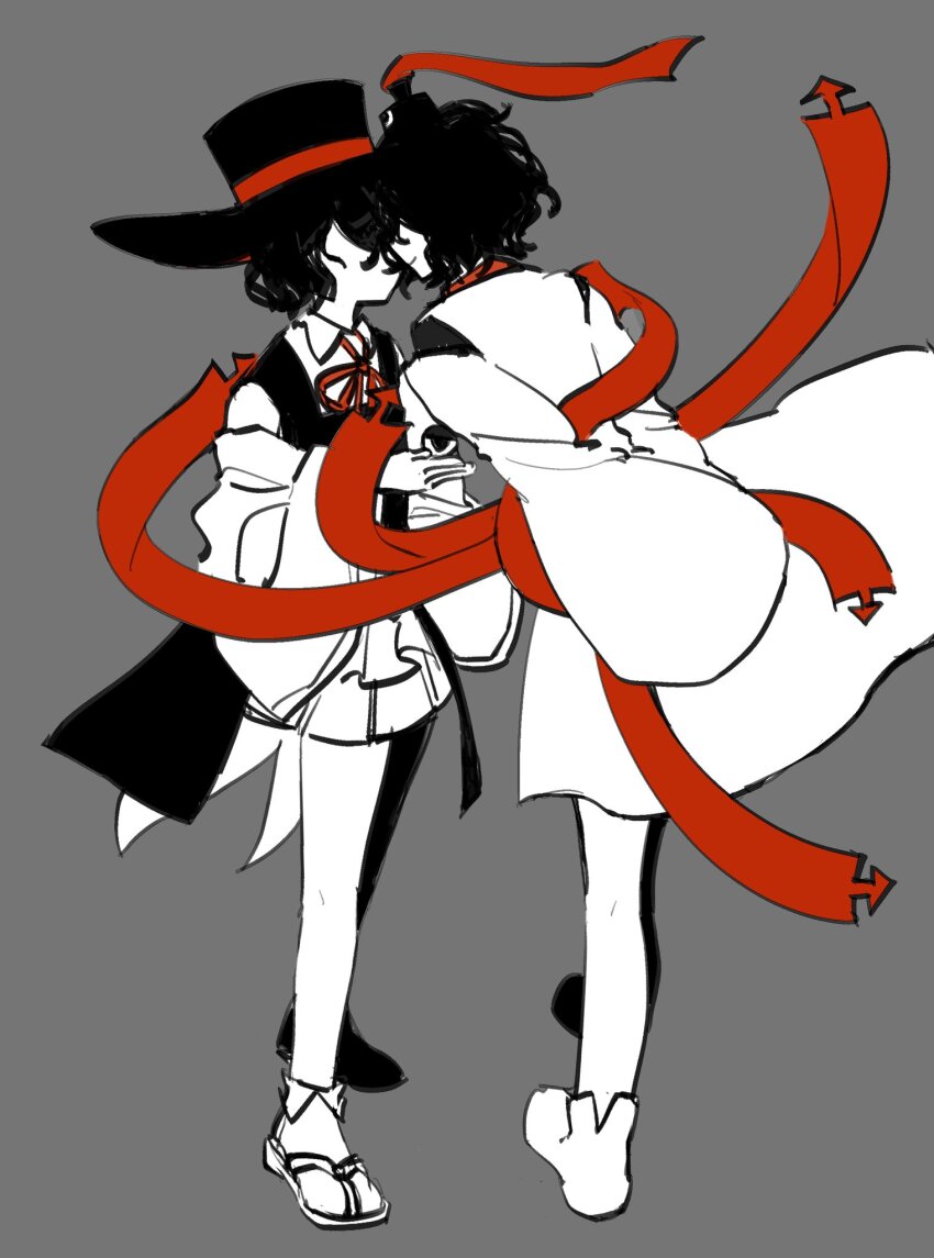 2others arms_behind_back bare_shoulders black_coat black_hair black_headwear bow bowtie chinese_commentary closed_mouth coat collared_shirt collared_socks commentary_request detached_sleeves enraku_tsubakura eye_of_senri face-to-face faceless full_body geta grey_background hakama hakama_short_skirt hakama_skirt hat hat_ribbon highres japanese_clothes kariginu leaning_forward len&#039;en long_sleeves messy_hair monochrome multiple_others ofuda ofuda_on_clothes outstretched_hand red_bow red_bowtie red_ribbon ribbon robe sandals senri_tsurubami shirt short_hair simple_background skirt sleeveless sleeveless_coat sleeveless_shirt smile spot_color tabi top_hat white_robe white_shirt white_sleeves wide_sleeves xiao_ganju_nailuo zouri