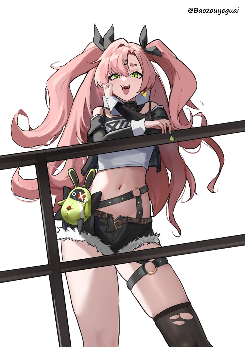 1girl :d absurdres amillion_(zenless_zone_zero) artist_name bangboo_(zenless_zone_zero) baozouyeguai black_ribbon black_shorts black_thighhighs chinese_commentary commentary_request crop_top cutoffs green_eyes hair_ribbon highres long_hair long_sleeves looking_at_viewer midriff navel nicole_demara open_mouth pink_hair ribbon short_shorts shorts simple_background single_thighhigh smile solo standing stomach thighhighs thighs two_side_up very_long_hair white_background zenless_zone_zero