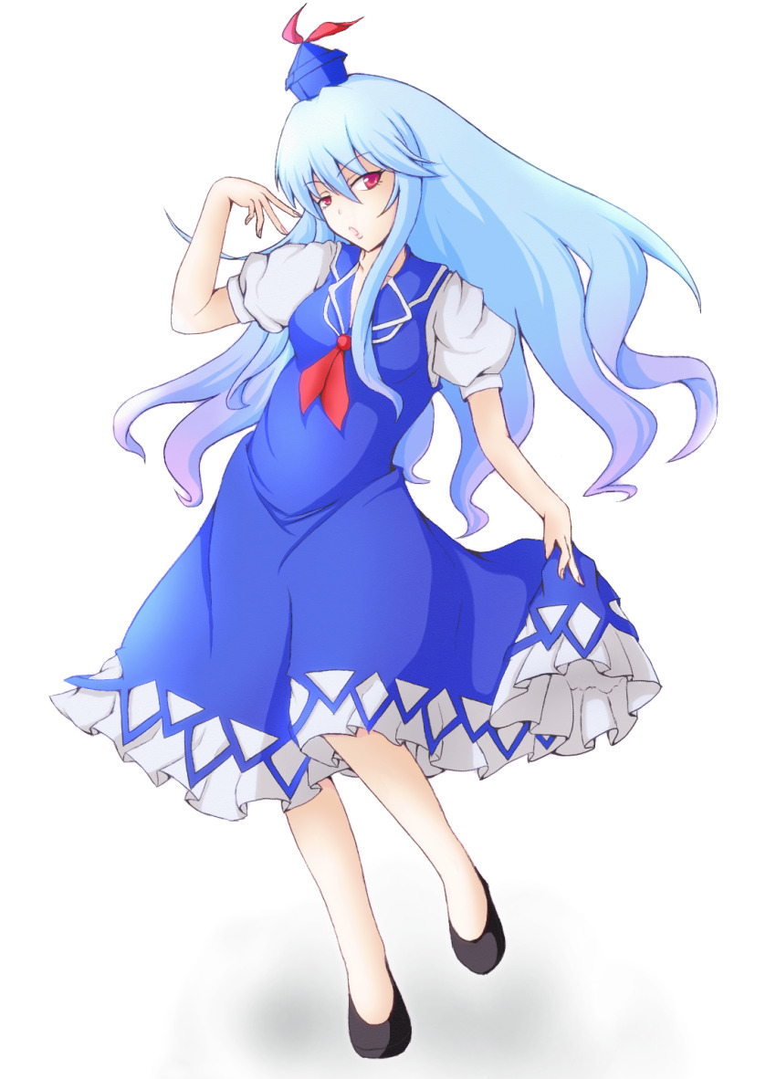 1girl :o arm_up ascot black_shoes blue_dress blue_hair blue_hat commentary_request daigorou dress dress_over_shirt floating_hair hair_between_eyes hat hat_ribbon highres kamishirasawa_keine leg_up long_hair long_sidelocks open_mouth puffy_short_sleeves puffy_sleeves red_ascot red_eyes red_ribbon ribbon shirt shoes short_sleeves sidelocks simple_background sleeveless sleeveless_dress solo touhou white_background white_shirt