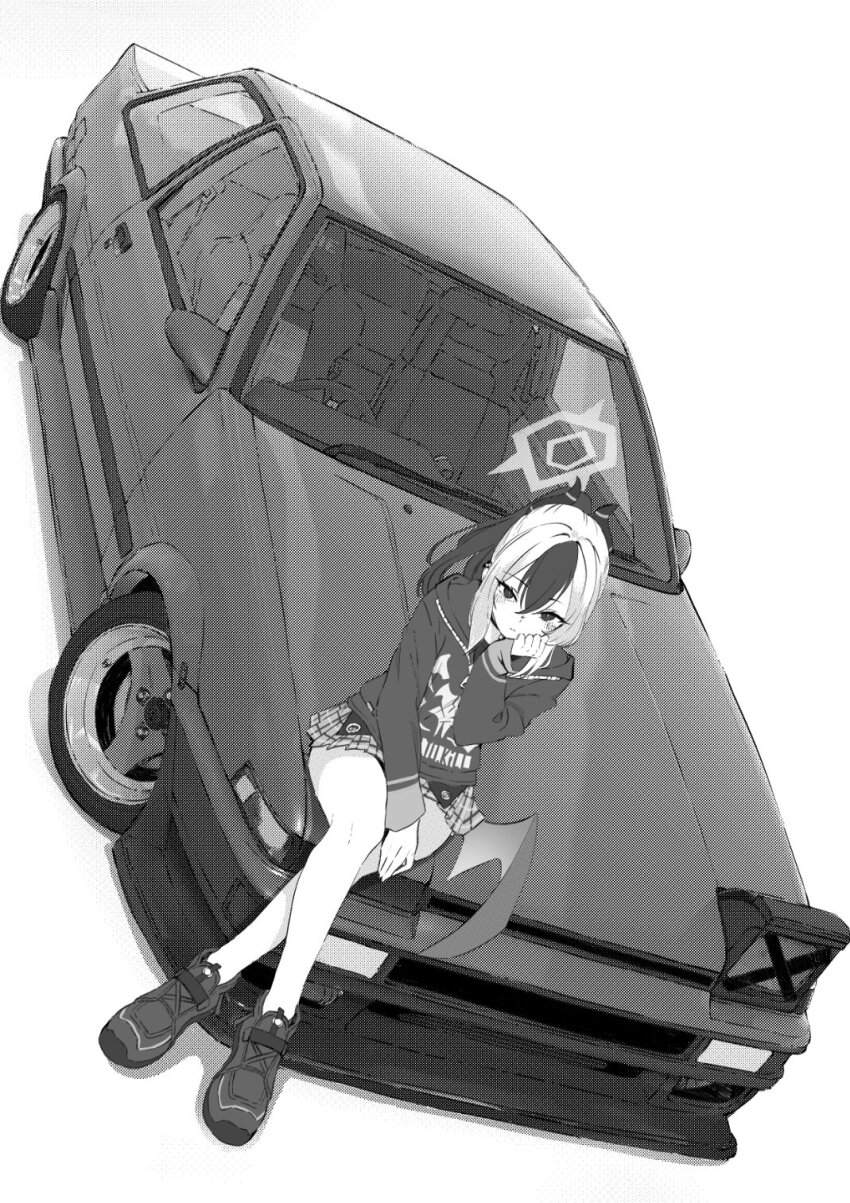 1girl blue_archive car crossed_legs halo highres jun_project kayoko_(blue_archive) monochrome motor_vehicle on_car plaid_clothes plaid_skirt ponytail pop-up_headlights single_pop-up_headlight sitting skirt