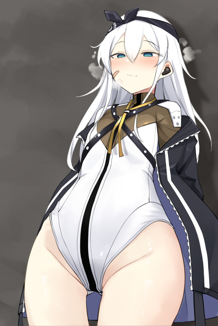 1girl absurdres bandaid bandaid_on_cheek bandaid_on_face bandana belt black_jacket blue_eyes blush breath closed_mouth cowboy_shot daebom earpiece full-length_zipper girls&#039;_frontline groin hair_between_eyes highres jacket leotard looking_down neck_ribbon open_clothes open_jacket ribbon solo stomach white_hair white_leotard xm3_(girls&#039;_frontline) yellow_ribbon zipper