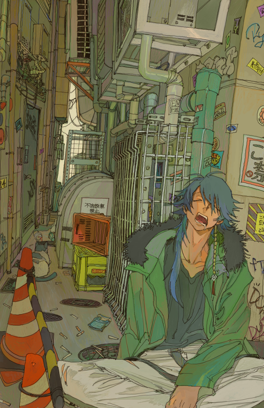 1boy absurdres against_wall alley animal arisugawa_dice asymmetrical_hair background_request beer_crate belt black_shirt blue_hair building cable cat cigarette_butt cigarette_pack closed_eyes coat collarbone concrete condenser_unit cup denim dice_hair_ornament disposable_cup dollar_sign door drooling fangs feet_out_of_frame fur-trimmed_coat fur_trim fusebox graffiti green_coat hair_ornament highres hypnosis_mic indian_style industrial_pipe jeans long_hair long_sleeves male_focus manhole_cover on_ground open_mouth outdoors pants parted_bangs power_lines scenery shirt sitting sleeping solo sticker storm_drain too_many_stickers torn_clothes torn_jeans torn_pants traffic_cone trash user_fhve5477 ventilation_shaft