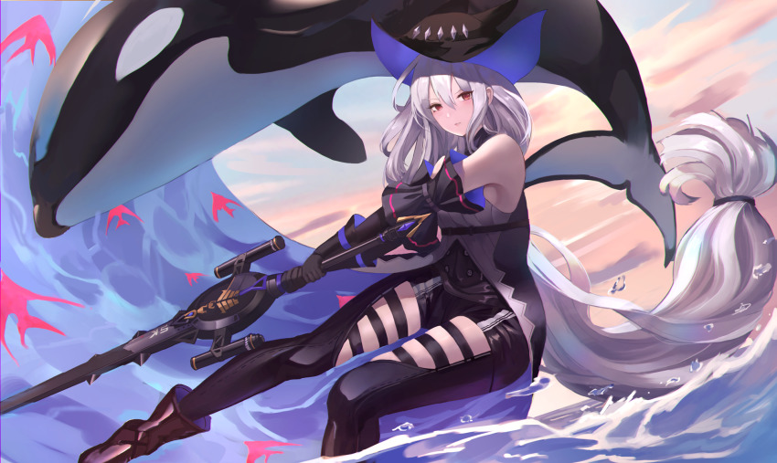 1girl animal arknights bare_shoulders black_footwear black_gloves black_headwear black_pants boots clothing_cutout commentary eru_(eru_illust) gloves grey_shirt hair_between_eyes highres holding holding_sword holding_weapon leggings long_hair looking_at_viewer low-tied_long_hair orca pants red_eyes revision shirt silver_hair skadi_(arknights) skadi_(elite_ii)_(arknights) sleeveless sleeveless_shirt sword thigh_cutout thighs very_long_hair water weapon