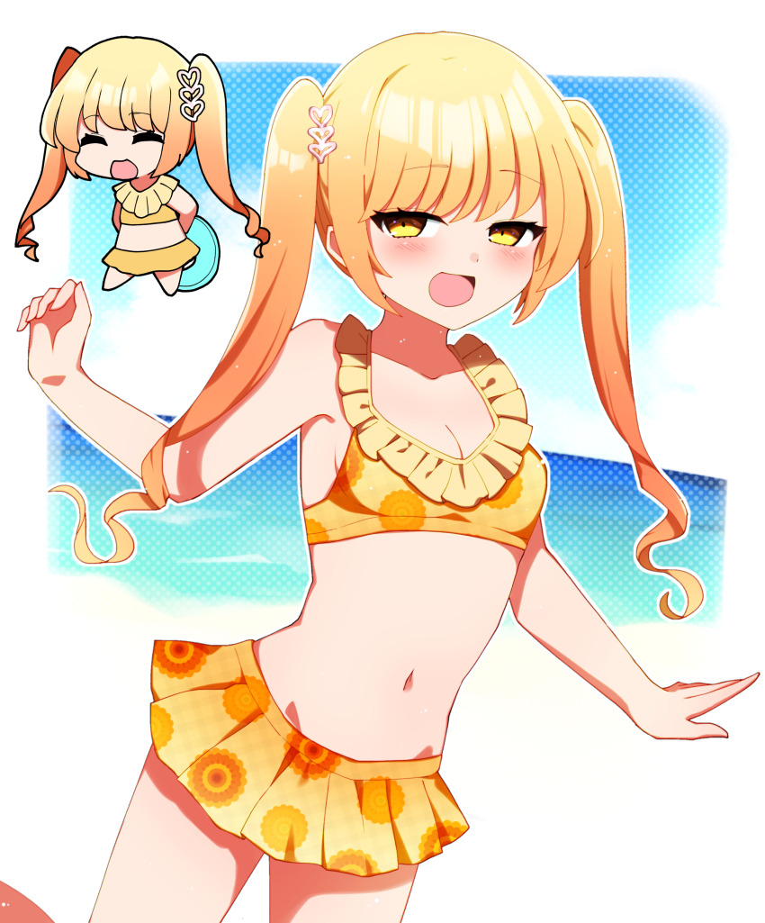 1girl :d absurdres beach bikini blonde_hair blush breasts chibi chibi_inset cleavage commentary_request commission cowboy_shot day highres indie_virtual_youtuber kokona_nona long_hair looking_at_viewer navel open_mouth outdoors skeb_commission smile swimsuit twintails virtual_youtuber yellow_bikini yellow_eyes you_(noanoamoemoe)