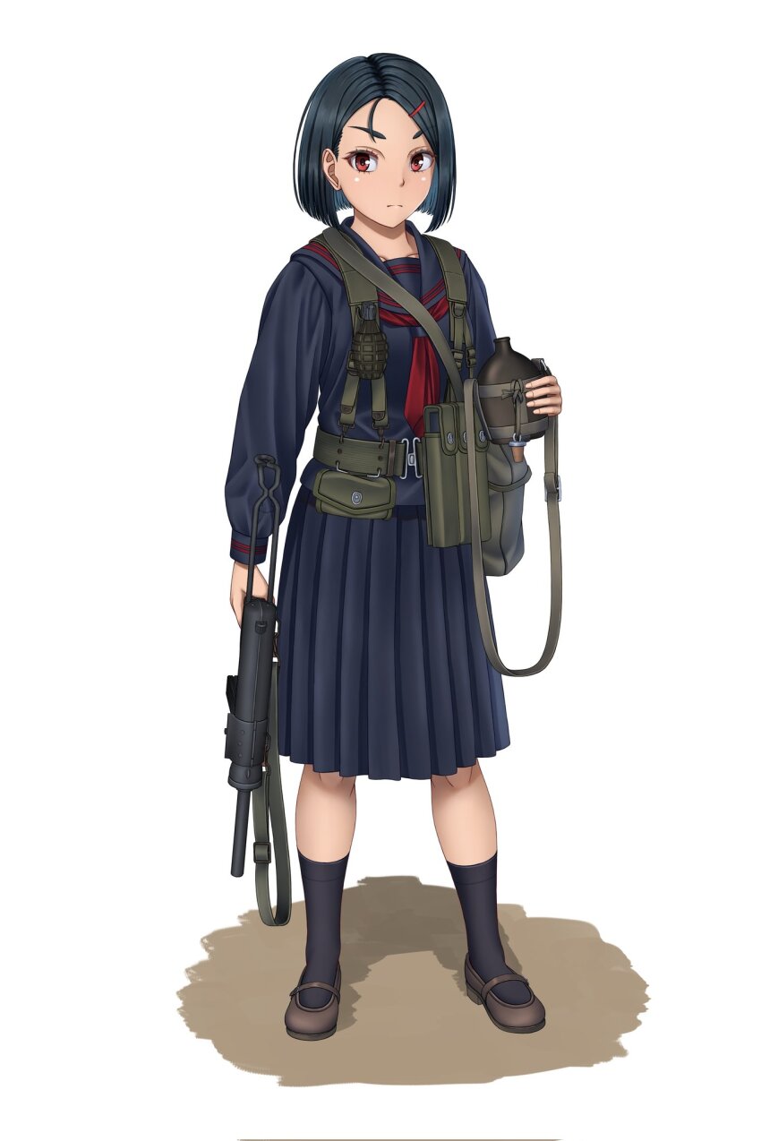 1girl black_hair blue_jacket blue_skirt canteen gun highres jacket long_skirt looking_at_viewer m3_submachine_gun mk_2_grenade original red_eyes ryuukihei_rentai school_uniform short_hair skirt solo submachine_gun weapon white_background