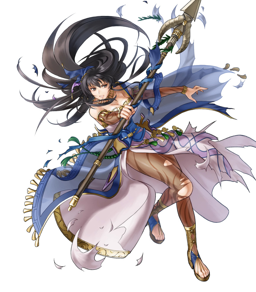 1girl bare_shoulders black_eyes black_hair breasts cleavage dress female_focus fire_emblem fire_emblem:_the_blazing_blade fire_emblem_heroes full_body gold_trim hair_ornament highres holding holding_weapon karla_(fire_emblem) karla_(hatari)_(fire_emblem) kita_senri loincloth long_hair medium_breasts nintendo non-web_source official_art pantyhose polearm see-through_clothes short_sleeves spear strapless strapless_dress toeless_footwear toes torn_clothes torn_pantyhose transparent_background weapon wide_sleeves