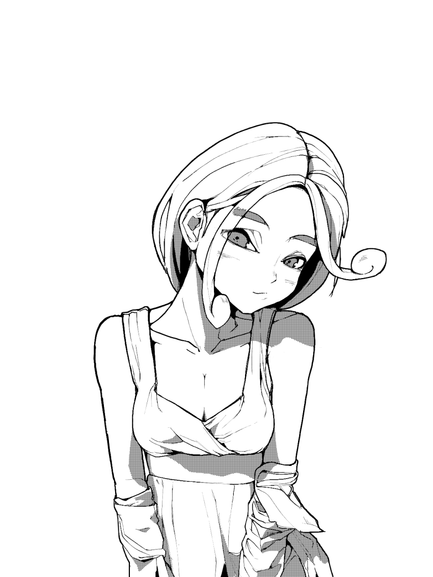 1girl 2049_(hh5566) alternate_costume bare_shoulders breasts cleavage collarbone detached_sleeves dress_shirt eyebrows female_focus floating_hair forehead game_freak greyscale gym_leader head_tilt highres light_blush looking_at_viewer medium_breasts medium_hair monochrome neck nintendo parted_bangs pokemon pokemon_xy shirt sidelocks simple_background sleeveless sleeveless_shirt smirk standing v_arms viola_(pokemon) white_background