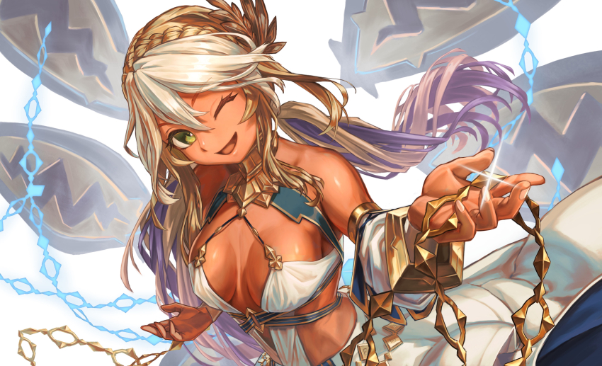 1girl andromeda_(fate) andromeda_(first_ascension)_(fate) armlet bare_shoulders blonde_hair blush braid breasts chain cleavage collar crown_braid cuffs dark-skinned_female dark_skin detached_sleeves dress fate/grand_order fate_(series) gold_teeth green_eyes hair_ornament highres jaws jewelry large_breasts long_hair looking_at_viewer low_twintails mayagi_(mayagi61) metal_collar multicolored_hair one_eye_closed open_mouth shackles short_dress sidelocks smile solo twintails two-tone_hair white_dress white_hair