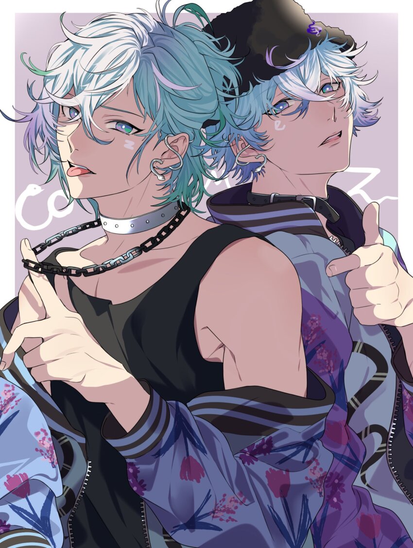 2boys aqua_eyes aqua_hair border brothers grey_background half_updo highres looking_at_viewer male_focus multicolored_eyes multicolored_hair multiple_boys open_mouth paradox_live phantometal_(paradox_live) purple_eyes purple_hair short_hair siblings tongue tongue_out twins white_border yatonokami_kanata yatonokami_nayuta zingai_sanx
