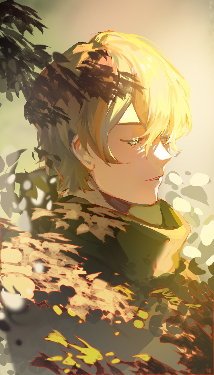 1boy absurdres berserk blonde_hair commentary green_eyes hair_between_eyes half-closed_eyes highres jiuyuansi_(hierro_boat) light male_focus medium_hair open_mouth outdoors parted_lips serpico_(berserk) solo sunlight