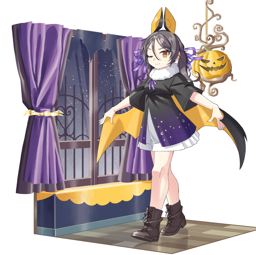 1girl animal_ears bat_ears bat_wings black_hair boots brown_boots brown_eyes fake_animal_ears fake_wings hair_between_eyes hair_ornament hair_ribbon hairclip halloween_costume highres inagi_(halloween)_(kancolle) inagi_(kancolle) kantai_collection kazh_(kazu) long_hair official_alternate_costume one_eye_closed purple_ribbon ribbon smile solo twintails window wings
