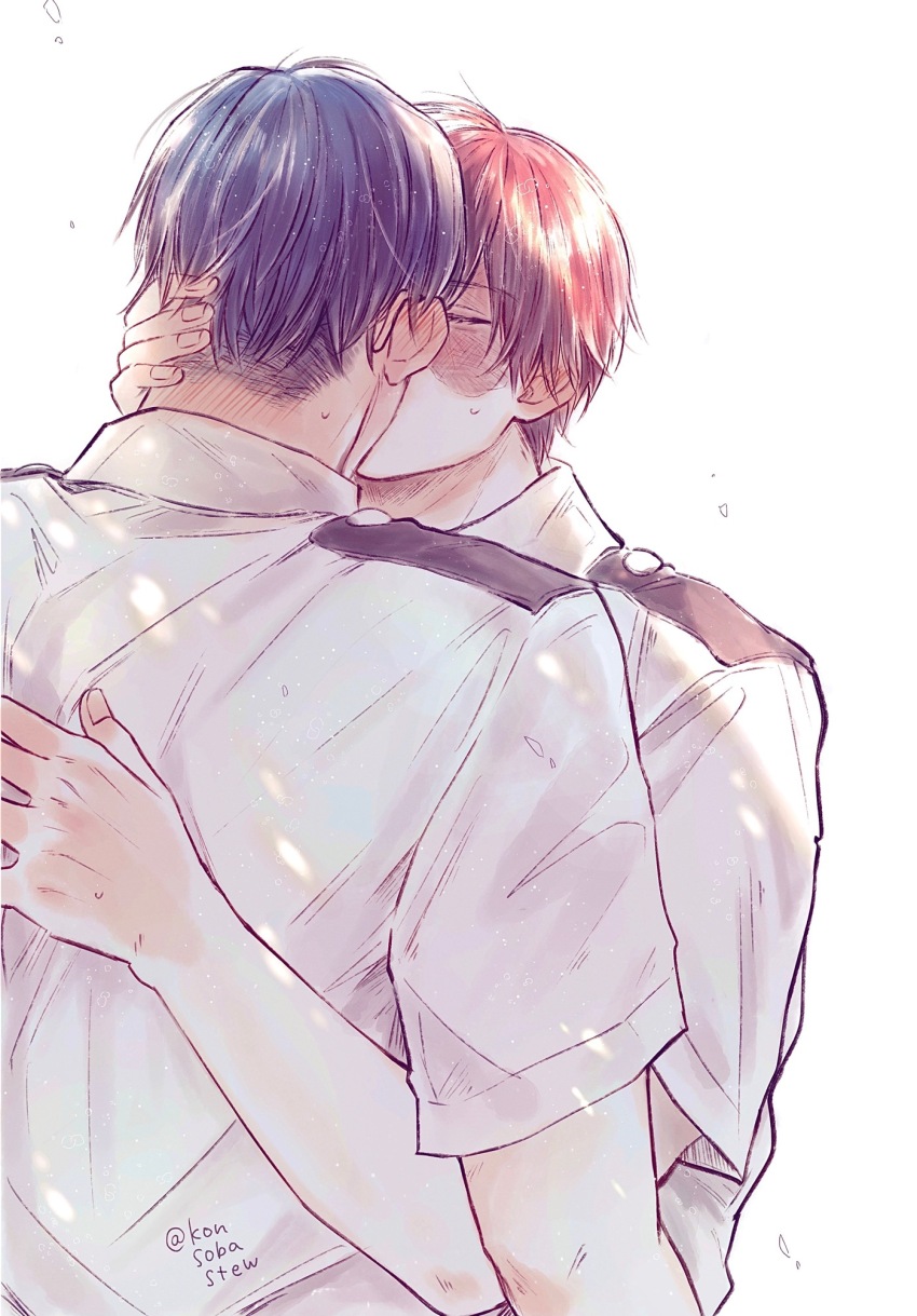 2boys black_hair boku_no_hero_academia closed_eyes collared_shirt fingernails highres hug iida_tenya kiss konsobastew male_focus multiple_boys red_hair scar scar_on_face shirt short_hair short_sleeves simple_background todoroki_shoto twitter_username upper_body white_background yaoi