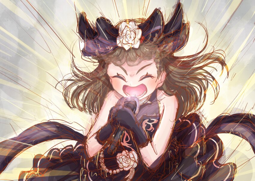 1girl ^_^ absurdres black_bow black_dress black_gloves blush bow braid brown_hair closed_eyes commentary_request dress dress_flower flower frilled_dress frills gloves grey_background hair_bow hair_flower hair_ornament highres holding holding_microphone kachimachi_kosuzu link!_like!_love_live! long_hair love_live! lower_teeth_only microphone open_mouth rose seiha_(hnumkt) shouting side_braids sleeveless sleeveless_dress solo sparkly_spot_(love_live!) straight_hair teeth upper_body v-shaped_eyebrows virtual_youtuber white_flower white_rose