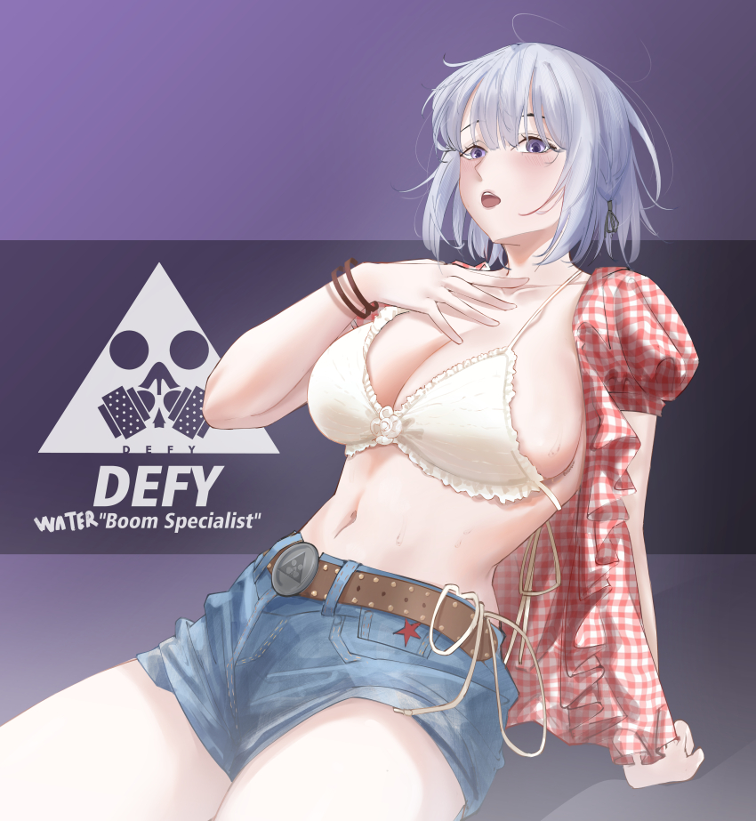 1girl absurdres alternate_costume arm_behind_back arm_support belt bikini bikini_top_only blue_shorts blush bra bracelet breasts brown_belt cleavage collarbone cosplay defy_(girls&#039;_frontline) denim denim_shorts elloinoire english_text feet_out_of_frame gingham_shirt girls&#039;_frontline grey_hair hand_on_own_chest highres jewelry kwon_eun-bi kwon_eun-bi_(cosplay) large_breasts leaning_back looking_at_viewer medium_hair navel open_clothes open_mouth open_shirt purple_background purple_eyes real_life red_shirt rpk-16_(girls&#039;_frontline) shirt short_sleeves shorts simple_background sitting solo swimsuit underwear white_bra