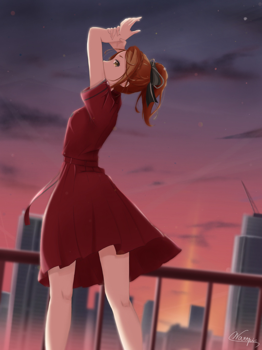 1girl 22/7 absurdres arm_up artist_name belt black_bow blurry blurry_background bow braid brown_hair dress feet_out_of_frame female_focus hair_bow highres kono_miyako long_hair nani_mo_shiteagerarenai outdoors pleated_dress ponytail profile railing red_belt red_dress short_ponytail short_sleeves sky solo standing sunset wattpic