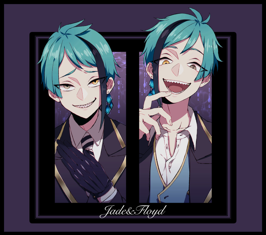2boys black_gloves black_hair braid brothers brown_eyes character_name collared_shirt earrings floyd_leech gloves green_hair heterochromia highres jacket jade_leech jewelry kazuse616 long_sleeves looking_at_viewer male_focus multicolored_hair multiple_boys necktie sharp_teeth shirt siblings smile streaked_hair striped_neckwear teeth twisted_wonderland upper_body vest yellow_eyes