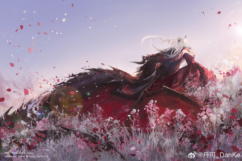 1girl black_horns colored_extremities danke_reverse_d day dragon dress field floating_hair flower flower_field highres horns hug implied_death long_hair love_and_deepspace outdoors petals protagonist_(love_and_deepspace) red_dress red_flower red_petals sitting sylus_(love_and_deepspace) tattoo watermark weibo_username weibo_watermark white_hair wind