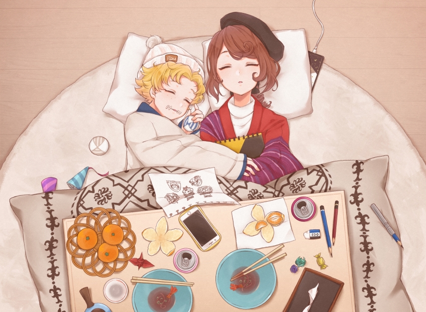 2boys beanie black_headwear blanket chopsticks edgar_valden food from_above fruit hat highres identity_v kotatsu long_sleeves lying mike_morton multiple_boys omame7272 orange_(fruit) orange_peel pencil plate sleeping sleeves_past_wrists table white_headwear
