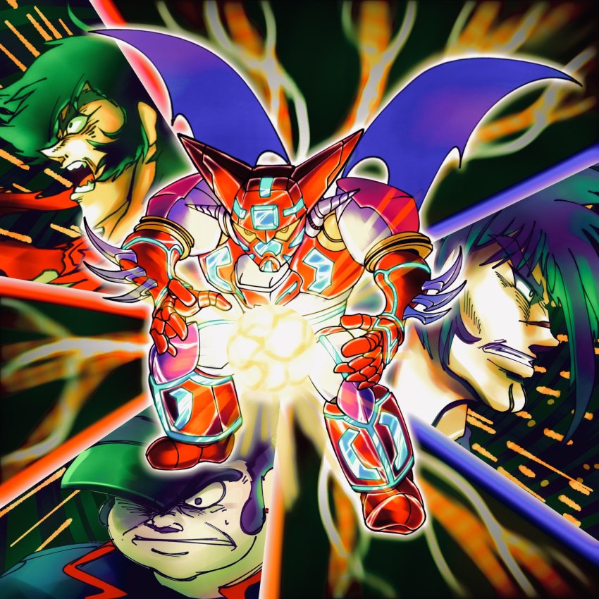 3boys black_eyes black_hair getter_robo highres hirudoido jin_hayato looking_at_viewer mecha multiple_boys musashi_tomoe nagare_ryoma open_hands open_mouth robot scar scar_on_face scar_on_nose science_fiction shin_getter-1 shin_getter_robo super_robot v-shaped_eyebrows wings yellow_eyes