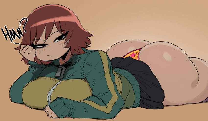 1girl alternate_ass_size alternate_body_size alternate_breast_size ass ass_focus ass_freckles black_eyes bob_cut body_freckles breasts brown_hair closed_mouth commentary english_commentary freckles highres huge_ass huge_breasts jacket kim_pine krekkov looking_at_viewer lying microskirt multicolored_clothes on_stomach plump red_hair scott_pilgrim_(series) scott_pilgrim_takes_off short_hair skirt solo thick_thighs thighs thong