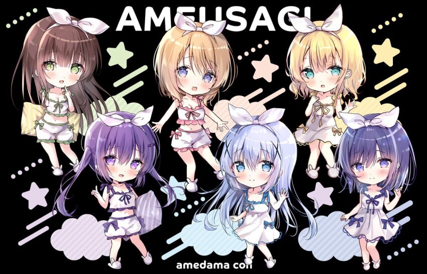 6+girls :d amedamacon animal_slippers artist_name bare_arms bare_shoulders blonde_hair blue_eyes blue_hair blush breasts brown_hair bunny_slippers camisole chibi cleavage closed_mouth commentary_request dress fuiba_fuyu gochuumon_wa_usagi_desu_ka? green_eyes hair_between_eyes hair_ornament hair_ribbon hairband holding holding_pillow hoto_cocoa kafuu_chino kirima_syaro long_hair medium_breasts midriff multiple_girls navel open_mouth pillow puffy_shorts purple_eyes purple_hair ribbon shorts sleeveless sleeveless_dress slippers smile star_(symbol) striped_background tedeza_rize ujimatsu_chiya very_long_hair white_camisole white_dress white_footwear white_hairband white_ribbon white_shorts x_hair_ornament