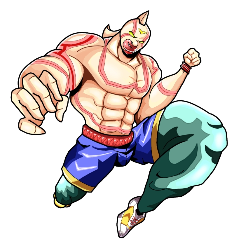 1boy abs armor artist_request biceps blank_eyes clenched_teeth full_body grin highres jumping kinnikuman kinnikuman_super_phoenix large_pectorals looking_at_viewer mask muscular pants pectorals serious simple_background smile teeth white_background wrestling wrestling_outfit