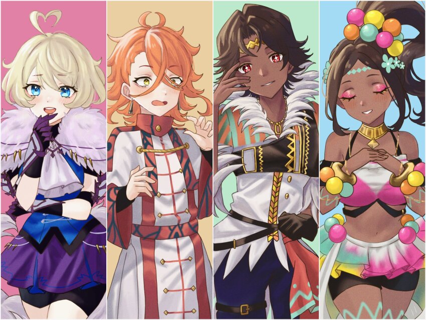 +_+ 2boys 2girls ahoge blonde_hair blue_eyes blue_shirt bracelet brother_and_sister brown_hair closed_eyes column_lineup cowboy_shot dark_skin eyeshadow fire_emblem fire_emblem_heroes fogado_(fire_emblem) grin heart heart_ahoge highres jewelry makeup merrin_(fire_emblem) miniskirt multiple_boys multiple_girls neck_ring nintendo orange_hair own_hands_together pandreo_(fire_emblem) pink_eyes purple_skirt robe shirt short_hair siblings skirt smile standing timerra_(fire_emblem) white_robe white_shirt yellow_eyes zqzbq