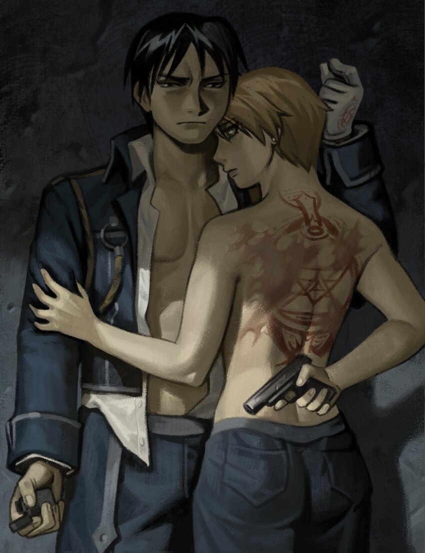 1boy 1girl absurdres arm_behind_back back_tattoo black_hair blonde_hair fullmetal_alchemist gloves gun highres holding holding_gun holding_lighter holding_weapon jacket lighter military_uniform open_clothes open_jacket riza_hawkeye roy_mustang short_hair silverheather snapping_fingers stone_wall tattoo topless_female weapon white_gloves