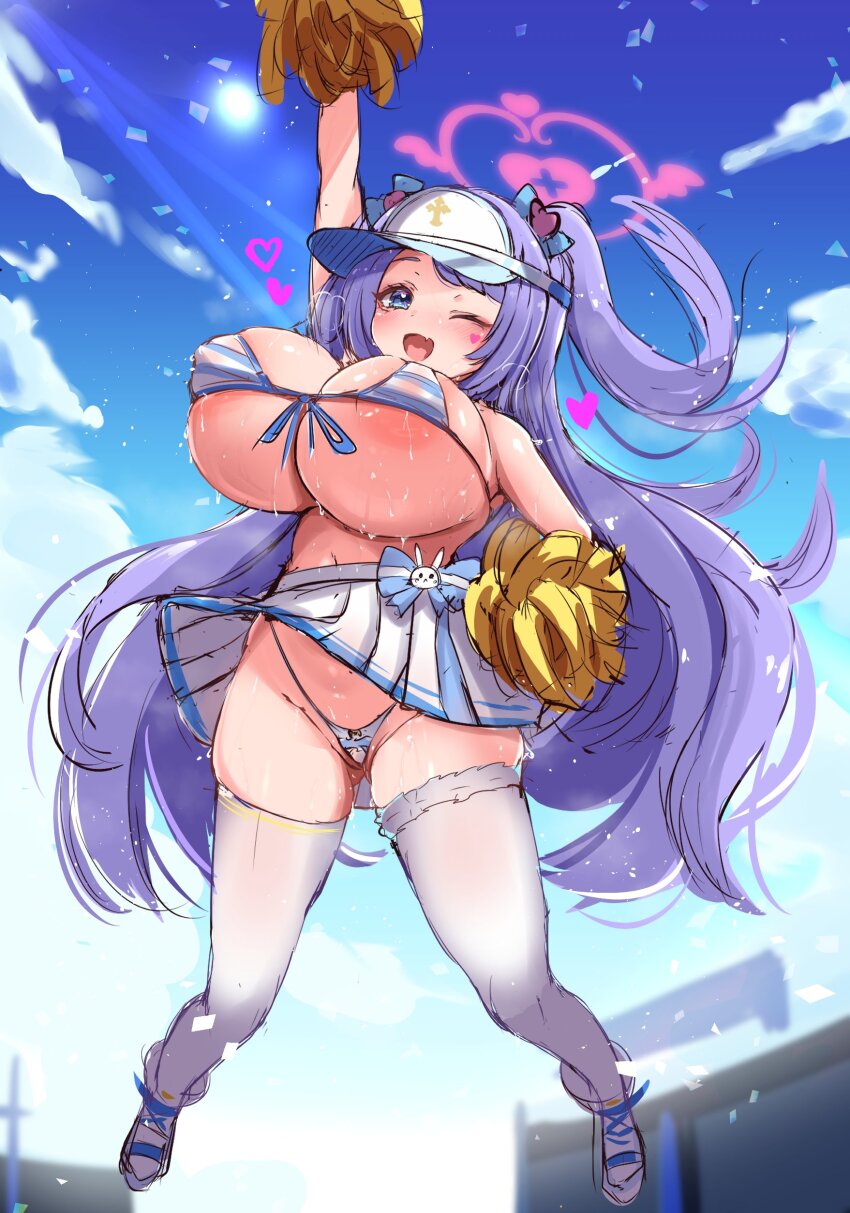 1girl absurdres areola_slip bikini blue_archive blue_eyes bouncing_breasts bow breasts cheering cheerleader cleavage covered_erect_nipples front-tie_bikini_top front-tie_top hair_bow halo hanae_(blue_archive) hanae_(cheer_squad)_(blue_archive) heart heart_sticker highleg highleg_bikini highres hijiki_senpai huge_breasts jumping long_hair midair one_eye_closed open_mouth pom_pom_(cheerleading) purple_hair shoes shortstack skirt solo striped_bikini striped_clothes sweat swimsuit thighhighs twintails upskirt visor_cap white_thighhighs wink