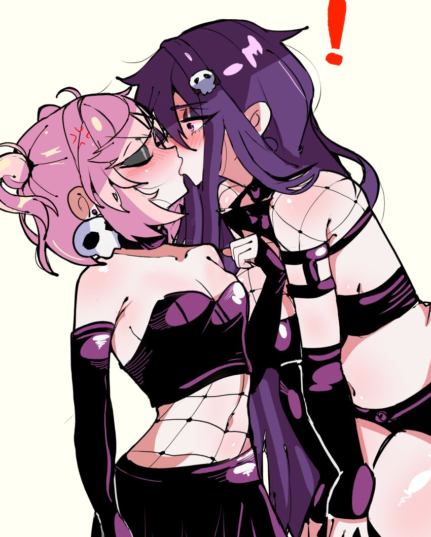 ! 2girls absurdres anger_vein black_eyeshadow blush choker closed_eyes doki_doki_literature_club earrings eclipxare elbow_gloves eyeshadow fishnets gloves goth_fashion hair_ornament highres jewelry kiss makeup midriff multiple_girls natsuki_(doki_doki_literature_club) navel pink_hair purple_choker purple_gloves purple_hair shirt skull_earrings skull_hair_ornament stomach strapless strapless_shirt yuri yuri_(doki_doki_literature_club)