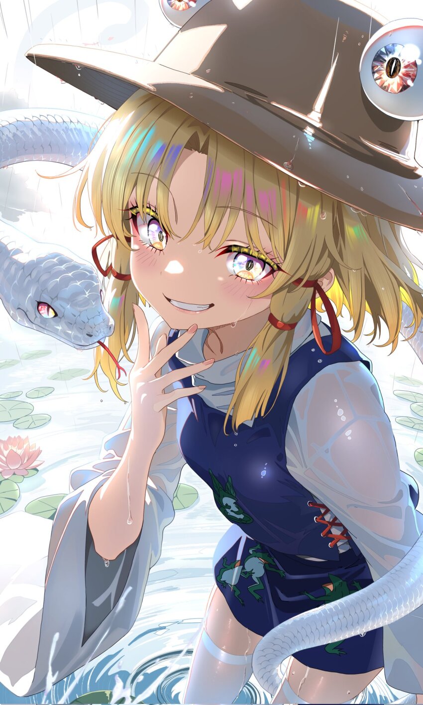 1girl backlighting blonde_hair blue_dress blush breasts brown_hat colored_eyelashes commentary_request cowboy_shot day dress eyelashes fingernails grin hand_up hat highres light_blush long_sleeves looking_at_viewer moriya_suwako outdoors rain ripples shirt small_breasts smile snake sweat sweatdrop thighhighs torikaze785 touhou turtleneck water wet wet_clothes wet_shirt white_shirt white_thighhighs wide_sleeves yellow_eyes zettai_ryouiki