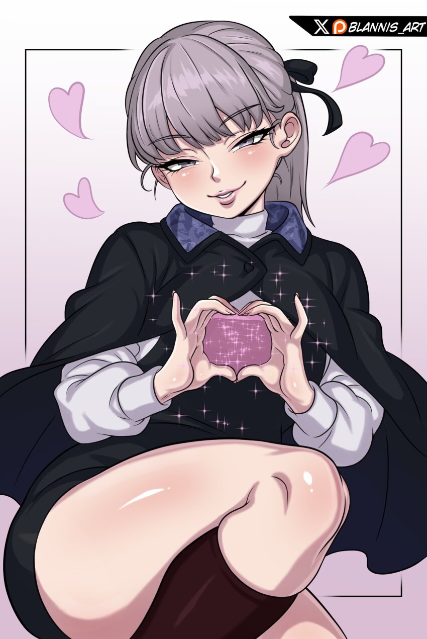 1girl absurdres black_cape black_ribbon black_skirt black_vest blannis blush brown_socks cape eyebrows_hidden_by_hair eyelashes feet_out_of_frame female_focus gradient_background grey_eyes grey_hair grin hair_ribbon half_updo heart heart_hands highres lapwing_(vrchat) lips long_hair long_sleeves looking_at_viewer matching_hair/eyes naughty_face parted_lips pink_background ponytail ribbon shirt simple_background sitting skirt smile socks solo teeth thick_thighs thighs two-tone_background vest vrchat white_shirt