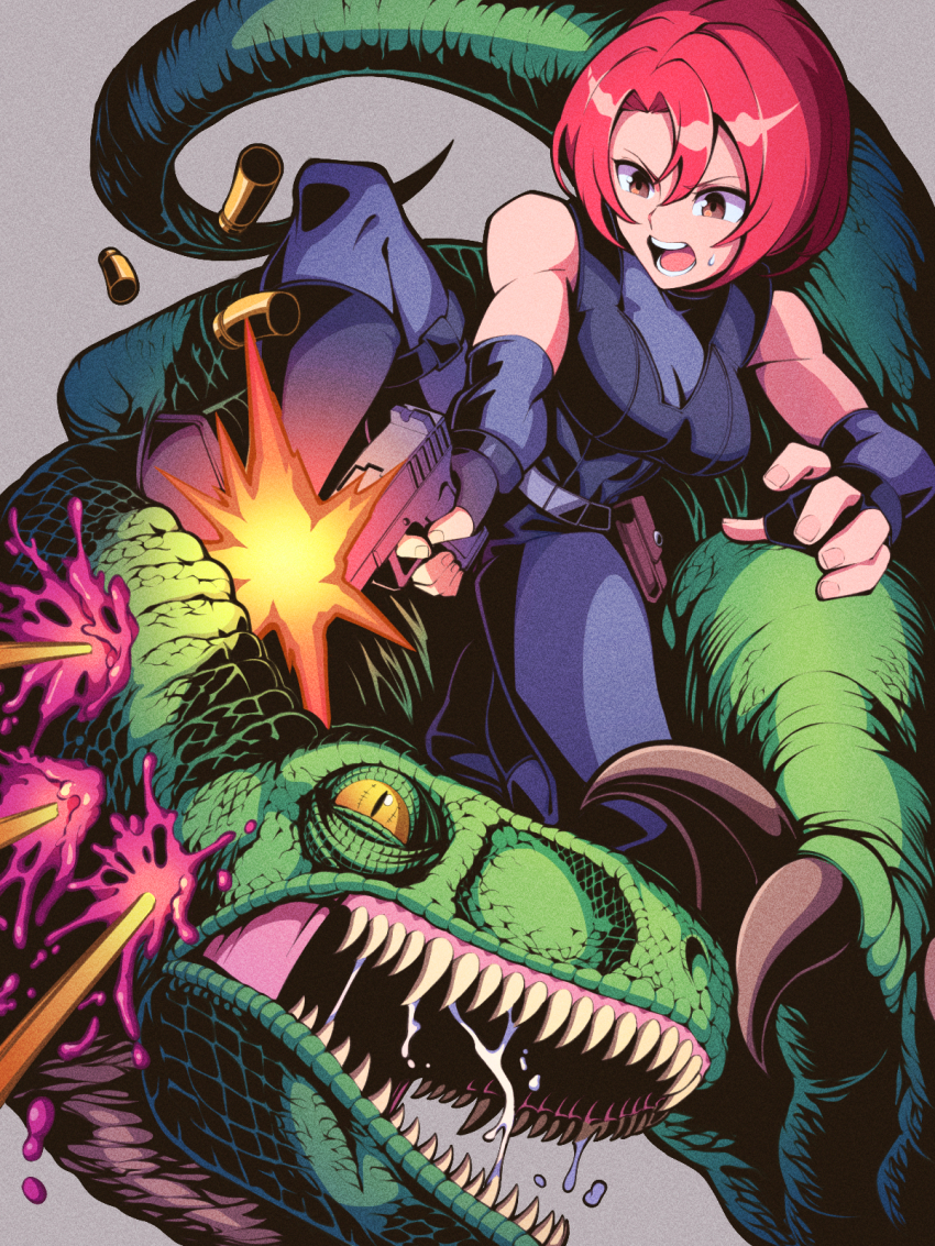 1girl bare_shoulders black_gloves blood bodysuit dino_crisis dinosaur elbow_gloves fingerless_gloves firing gloves gun handgun highres holding holding_weapon pechamaju red_eyes red_hair regina_(dino_crisis) shell_casing short_hair skin_tight weapon