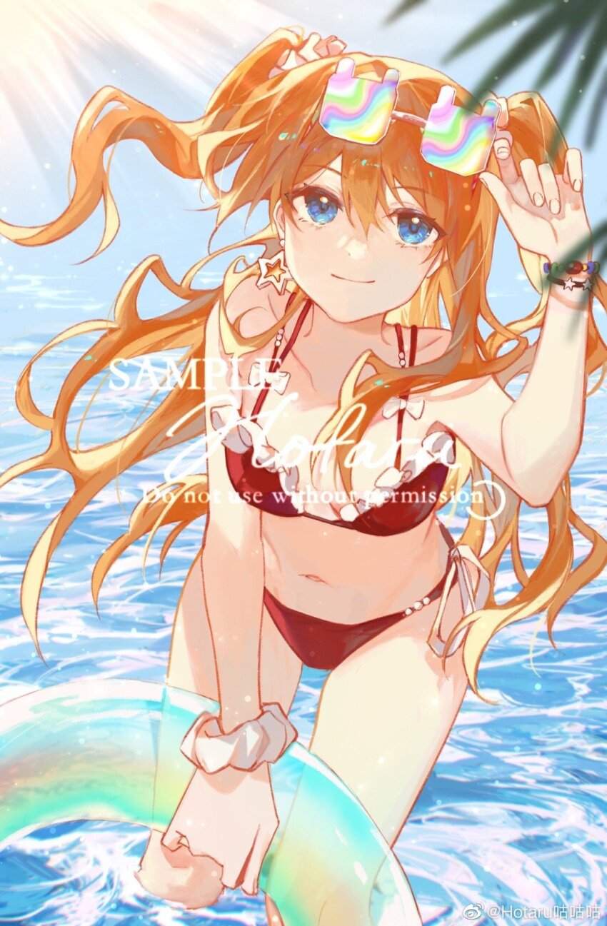 1girl alternate_costume arm_up bikini blue_eyes breasts chinese_commentary closed_mouth commentary_request cowboy_shot curvy day fingernails frilled_bikini frills highres holding holding_swim_ring hotaru_gugugu innertube light_particles light_rays long_hair looking_at_viewer navel neon_genesis_evangelion orange_hair outdoors red_bikini sample_watermark shiny_skin smile solo souryuu_asuka_langley standing sunlight swim_ring swimsuit wading water watermark weibo_watermark wide_hips