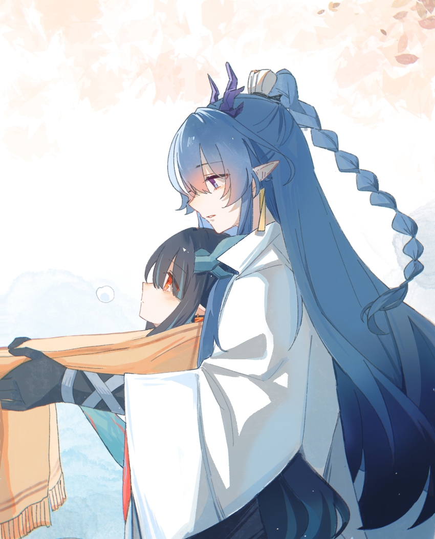 2girls absurdres arknights black_hair blue_eyes blue_hair braid chinese_commentary closed_mouth colored_extremities commentary_request dragon_girl dragon_horns dusk_(arknights) earrings fringe_trim from_side highres horns jacket jewelry light_particles ling_(arknights) long_hair long_sleeves multicolored_hair multiple_girls orange_eyes parted_lips pointy_ears profile scarf shang_ge_promax siblings sisters streaked_hair white_jacket yellow_scarf yuri