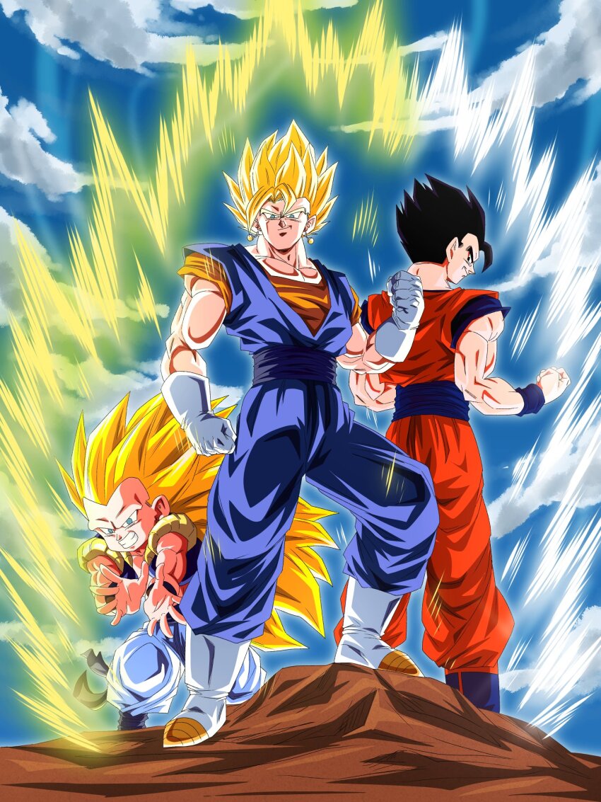3boys aura black_eyes black_hair blonde_hair dragon_ball gotenks green_eyes happy highres long_hair looking_at_viewer multiple_boys muscular muscular_male smile son_gohan spiked_hair super_saiyan super_saiyan_3 tagme ultimate_gohan vegetto vegito