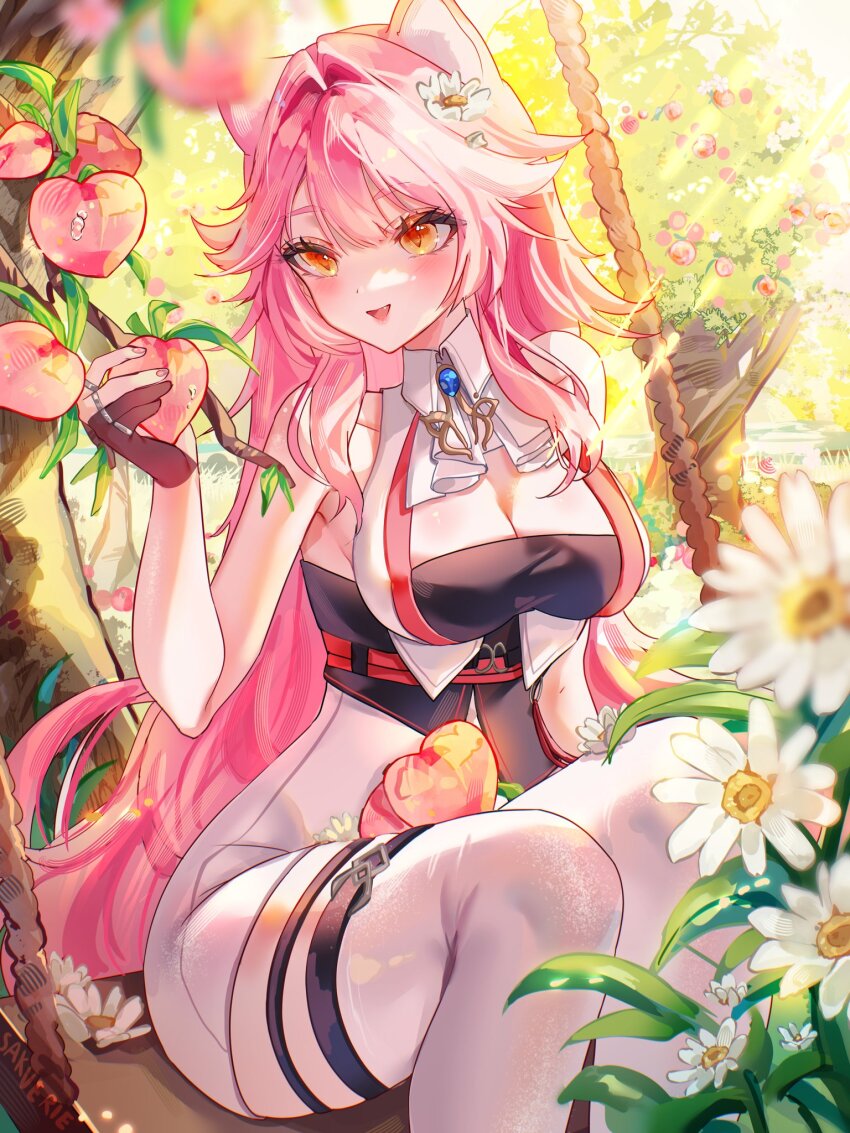 1girl animal_ear_fluff animal_ears ascot bare_legs bare_shoulders black_tube_top breasts brooch brown_gloves center-flap_bangs cleavage commentary eyelashes fang flower food fruit gloves hair_flaps hair_flower hair_intakes hair_ornament hair_over_shoulder halter_shirt halterneck high-waist_shorts highres hiranmayi hololive hololive_english jewelry large_breasts light_blush long_hair looking_at_object nature on_swing outdoors panther_ears panther_girl panther_tail partially_fingerless_gloves peach pink_hair pink_nails plant raora_panthera raora_panthera_(1st_costume) shorts sitting smile solo strapless swing swing_set symbol-only_commentary tail thighhighs tree tube_top virtual_youtuber white_shorts white_thighhighs wing_collar yellow_eyes